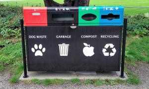 Recycling, Compost and Garbage bins in a park